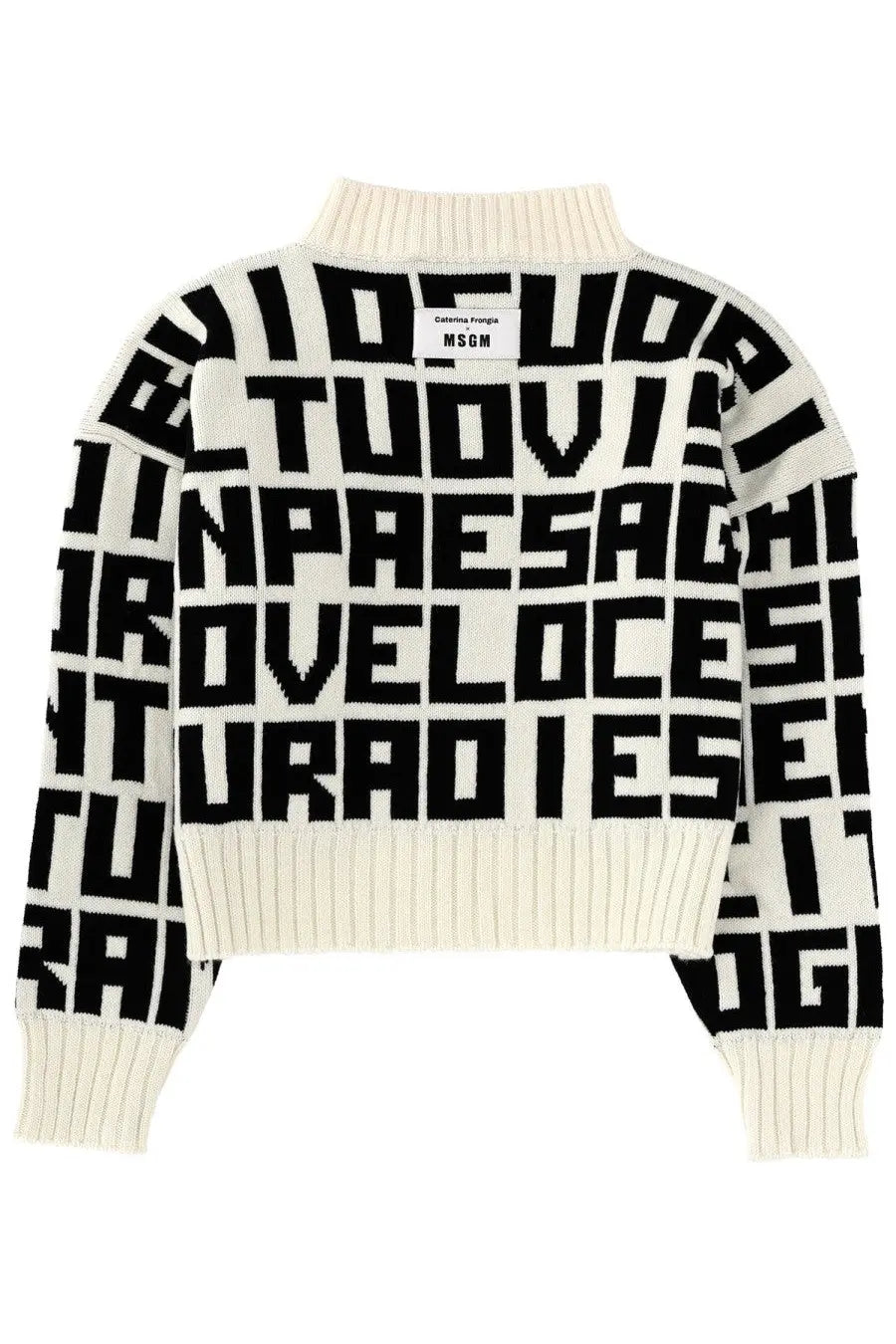 Cream-colored knit sweater with bold black block letters in a repeating pattern by MSGM women’s collection