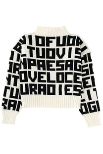 Cream-colored knit sweater with bold black geometric lettering pattern from MSGM womens collection