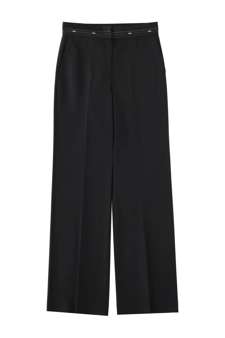 Msgm women’s cool wool pants black with sleek tailored fit, wide-leg design, and subtle white stitching on waistband