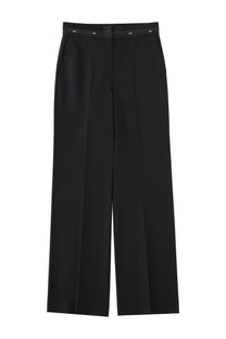 Msgm women’s cool wool pants black with sleek tailored fit, wide-leg design, and subtle white stitching on waistband
