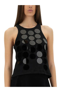 Msgm women’s black cotton sleeveless top with reflective circular metallic disc pattern