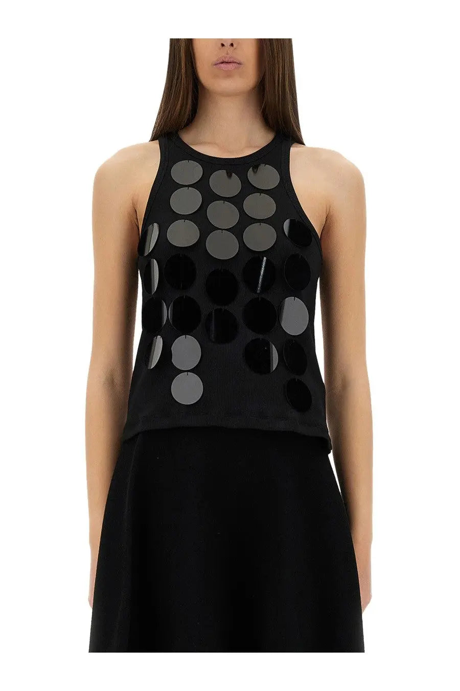 Msgm women’s black cotton sleeveless top with reflective circular sequins in varying gray shades