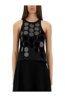 Msgm women’s black cotton sleeveless top with reflective circular sequins in varying gray shades