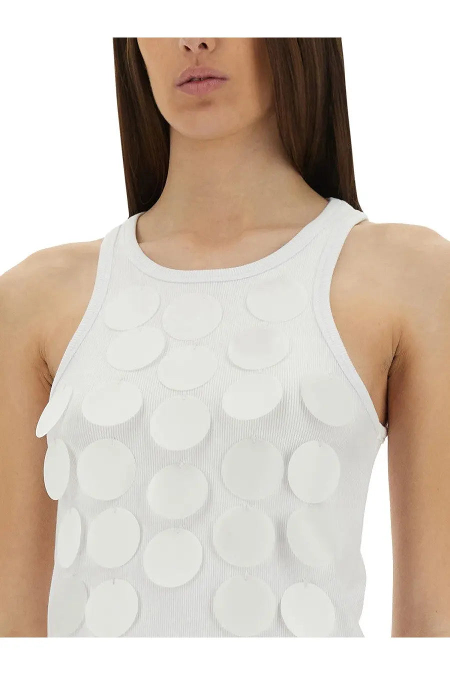 Msgm women’s white cotton sleeveless top with textured ribbed fabric and layered circular appliqués