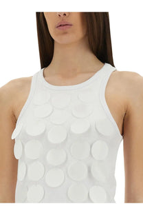 Msgm women’s white cotton sleeveless top with textured ribbed fabric and layered circular appliqués