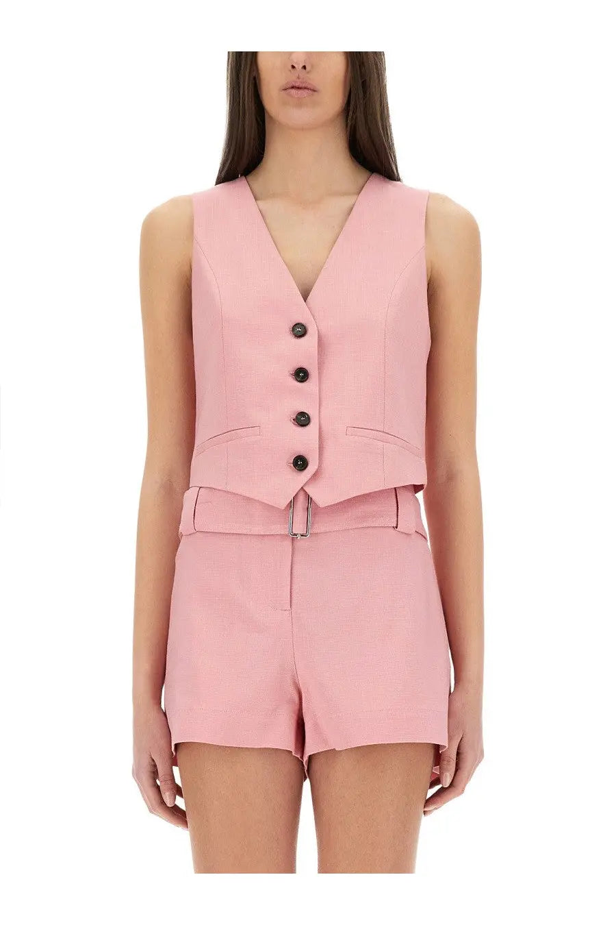 Msgm women’s cropped vest blue featuring a sleek sleeveless pink blazer style with v-neckline and five dark buttons