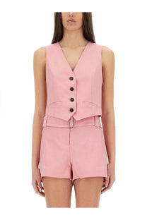 Msgm women’s cropped vest blue featuring a sleek sleeveless pink blazer style with v-neckline and five dark buttons