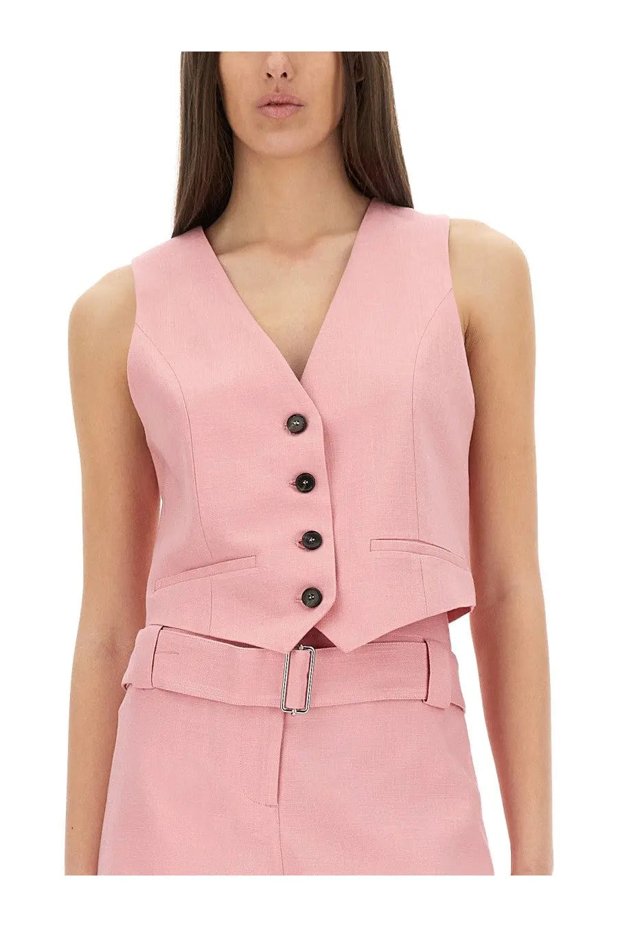Msgm women’s cropped blue vest featuring a sleek sleeveless pink waistcoat with v-neckline and five dark buttons