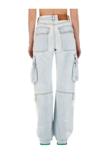 Msgm women’s light-wash denim cargo pants with multiple pockets and brown leather belt loop in blue