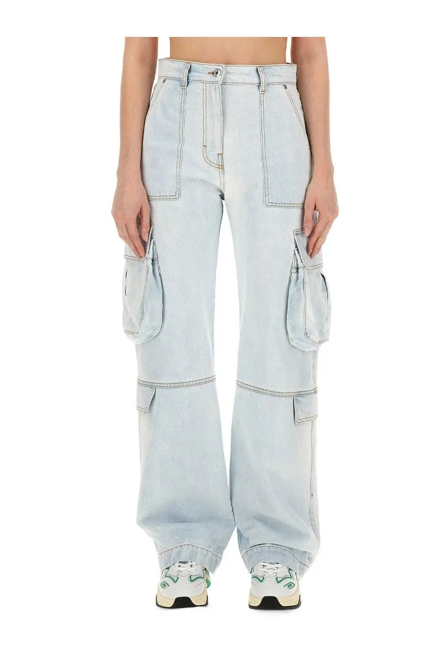 Msgm women’s denim cargo pants blue with light-wash denim, multiple flap pockets, and high-rise waistband