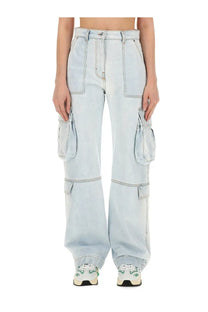 Msgm women’s denim cargo pants blue with light-wash denim, multiple flap pockets, and high-rise waistband