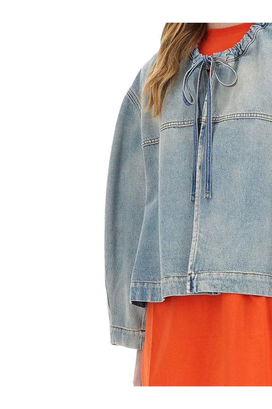 Msgm women’s light-wash denim jacket in blue with drawstring neckline and classic stitching details