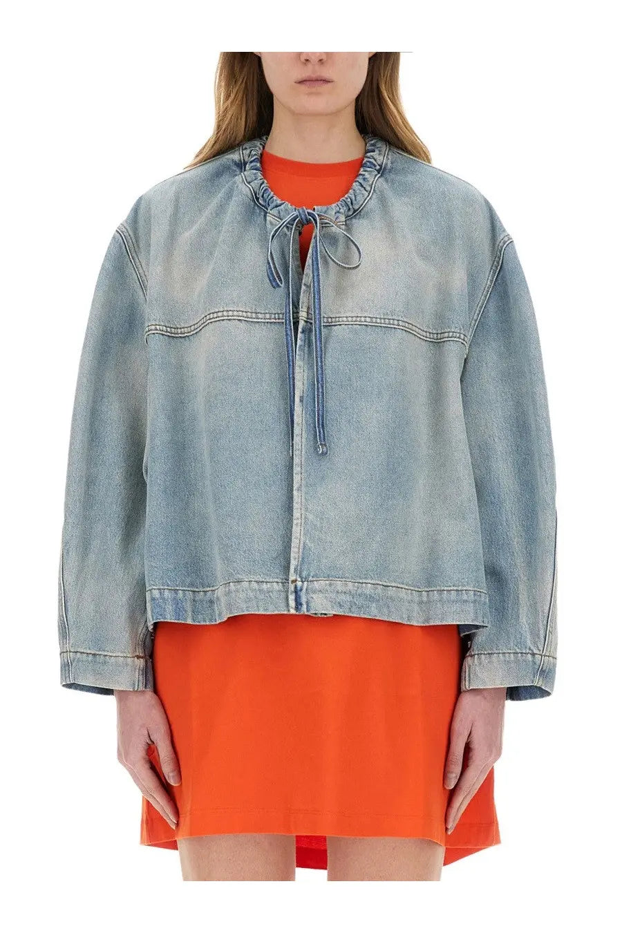 Msgm women’s blue light-wash denim jacket with relaxed cropped fit and drawstring neckline