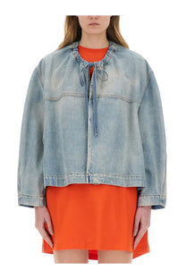Msgm women’s blue light-wash denim jacket with relaxed cropped fit and drawstring neckline