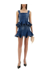 Msgm women’s blue denim mini dress with square neckline corset bodice and layered ruffled skirt