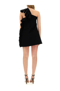 Black one-shoulder mini dress with ruffled detailing along the side and back by MSGM women’s dress black back view