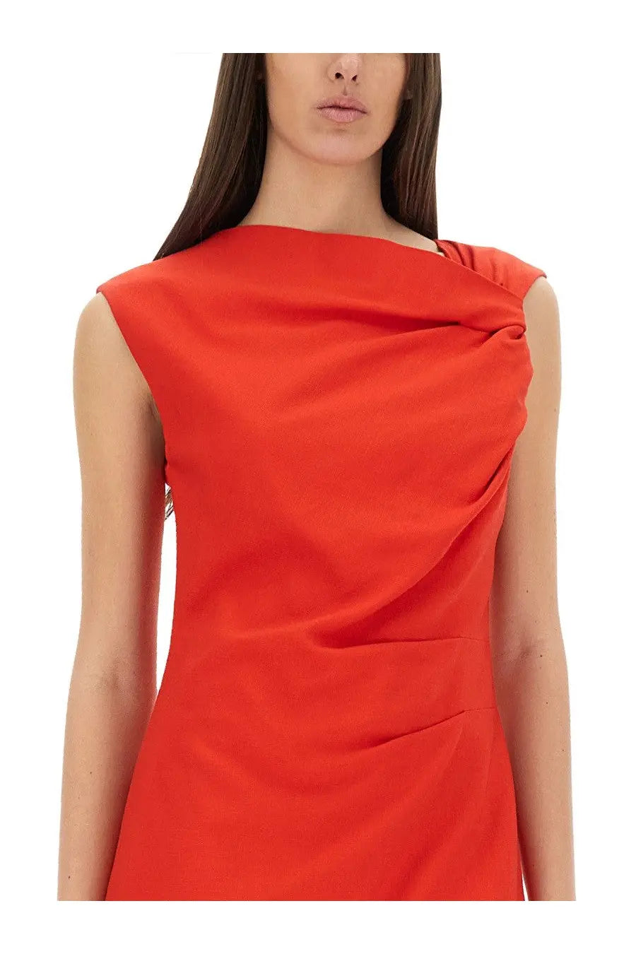Msgm women’s vibrant red sleeveless dress with draped asymmetrical neckline and smooth fabric