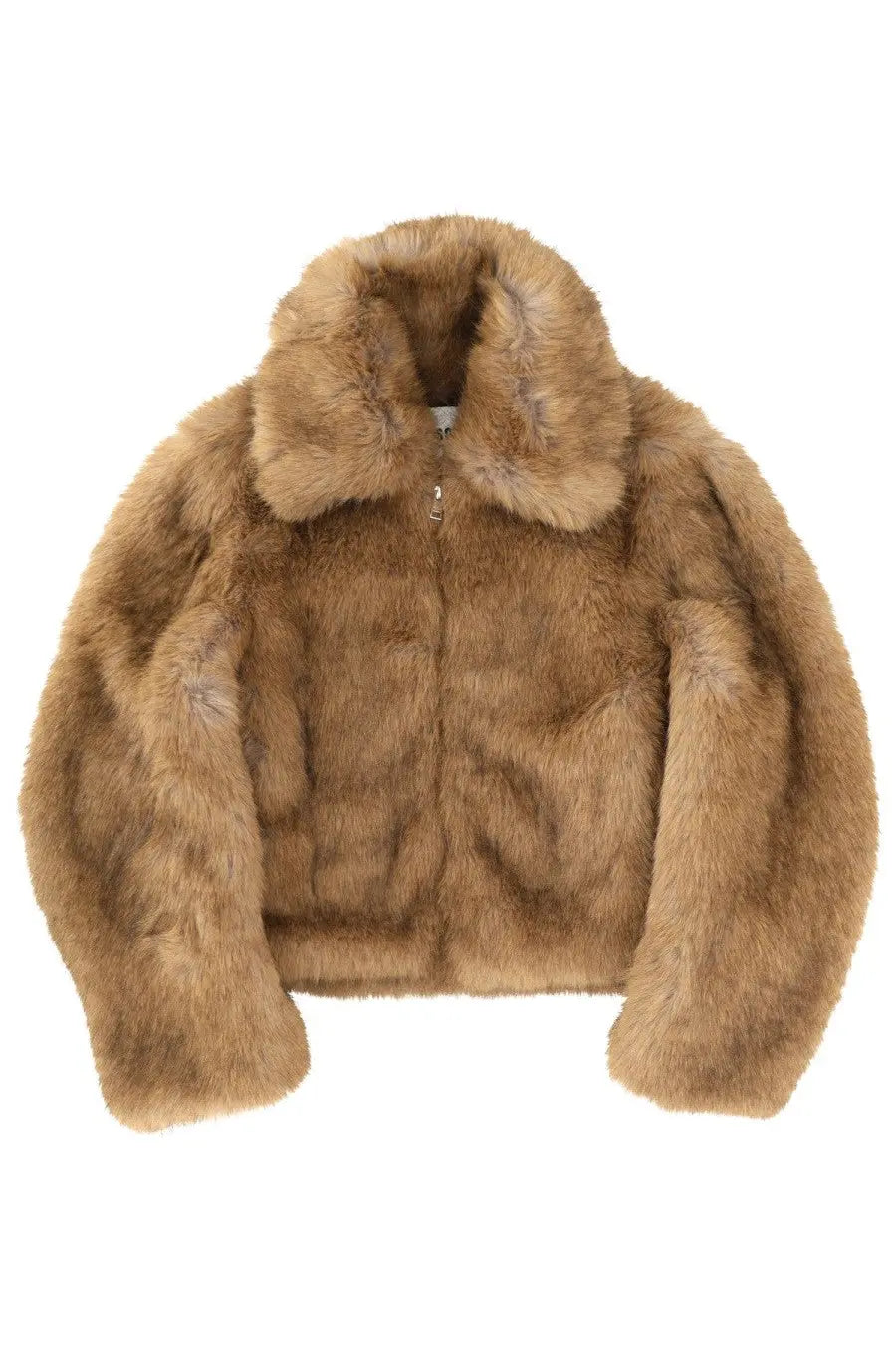 Msgm women’s eco fur jacket beige plush tan faux fur coat with high collar and front zipper for cold weather
