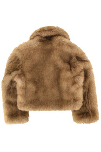 Msgm women’s eco fur jacket beige plush tan faux fur cropped jacket with cozy collar and long sleeves