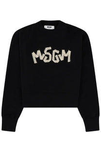 Black msgm women’s felpa con sweatshirt with bold white beaded logo across the chest in soft fabric