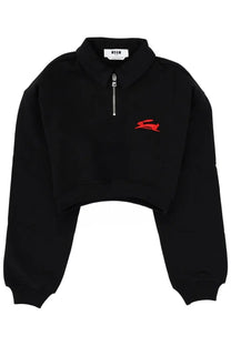 Black cropped sweatshirt for women by MSGM featuring a red embroidered rabbit logo and a silver collar zipper