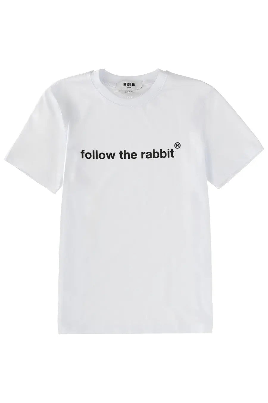 White msgm women’s t-shirt with black follow the rabbit text across the chest in cotton fabric