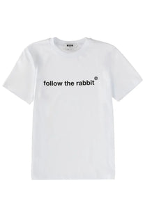 White msgm women’s t-shirt with black follow the rabbit text across the chest in cotton fabric