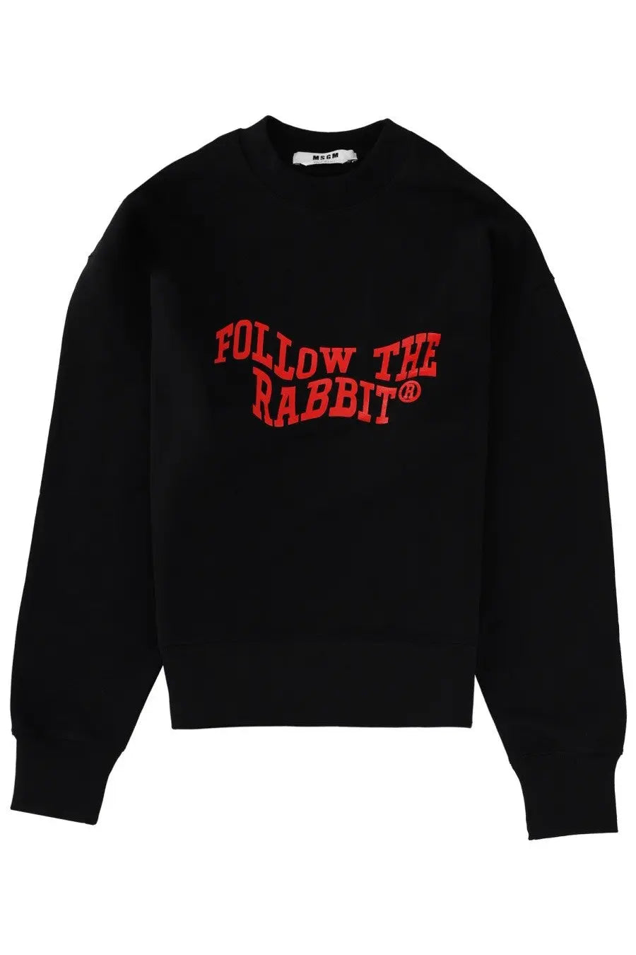 Msgm women’s black sweatshirt made of mcm fabric featuring bold red follow the rabbit lettering across the chest