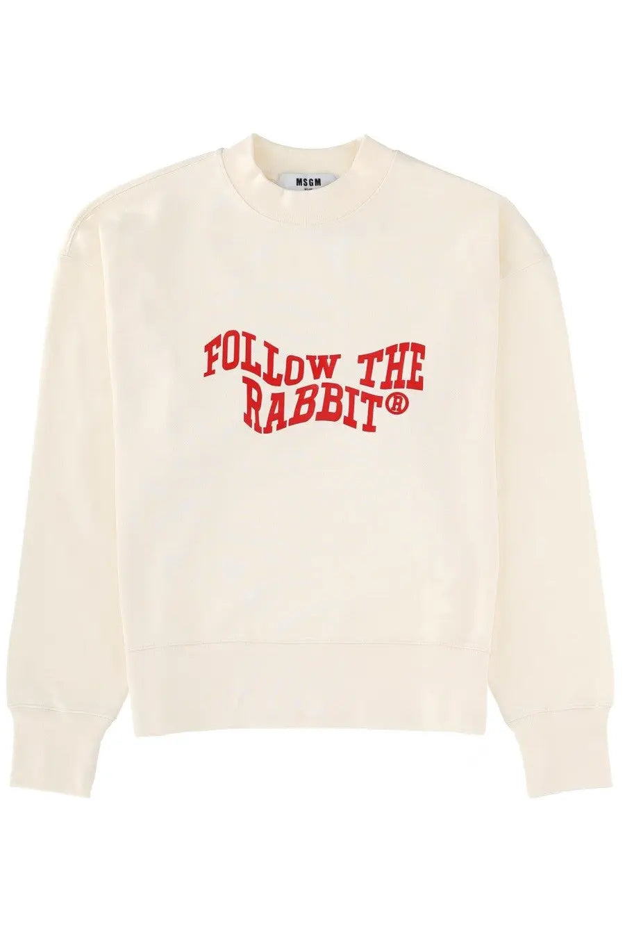 Cream-colored msgm women’s sweatshirt with bold red follow the rabbit lettering across the chest