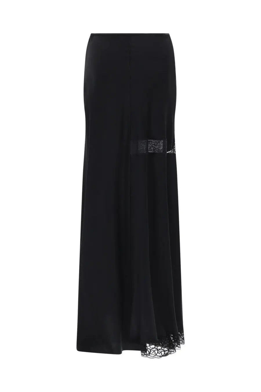 Msgm women’s black satin maxi skirt with sheer lace panel and delicate lace trim at the hem