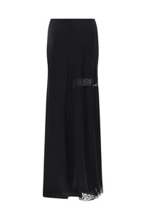 Msgm women’s black satin maxi skirt with sheer lace panel and delicate lace trim at the hem