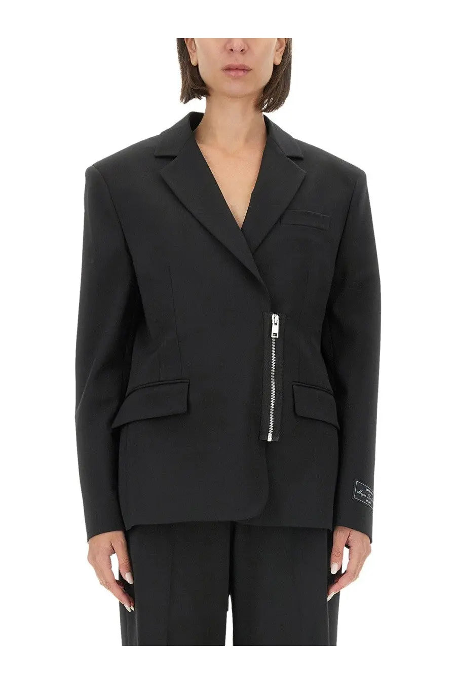 Msgm women’s black blazer jacket with structured lapels and a distinctive vertical front zipper detail