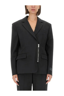 Msgm women’s black blazer jacket with structured lapels and a distinctive vertical front zipper detail