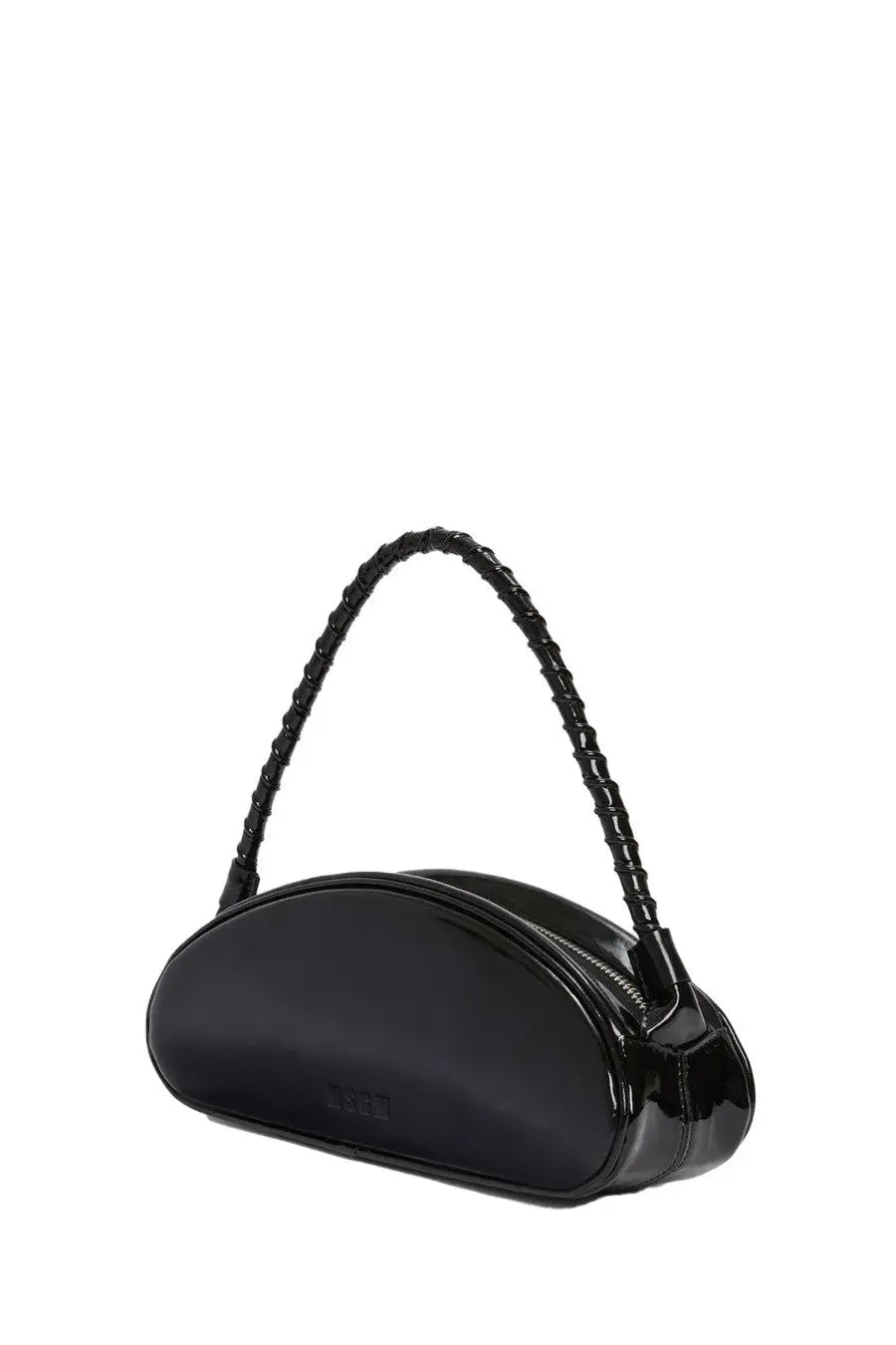 Msgm women’s leather handbag in black glossy patent leather with a braided black handle for stylish use