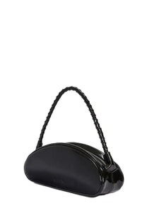 Msgm women’s leather handbag in black glossy patent leather with a braided black handle for stylish use