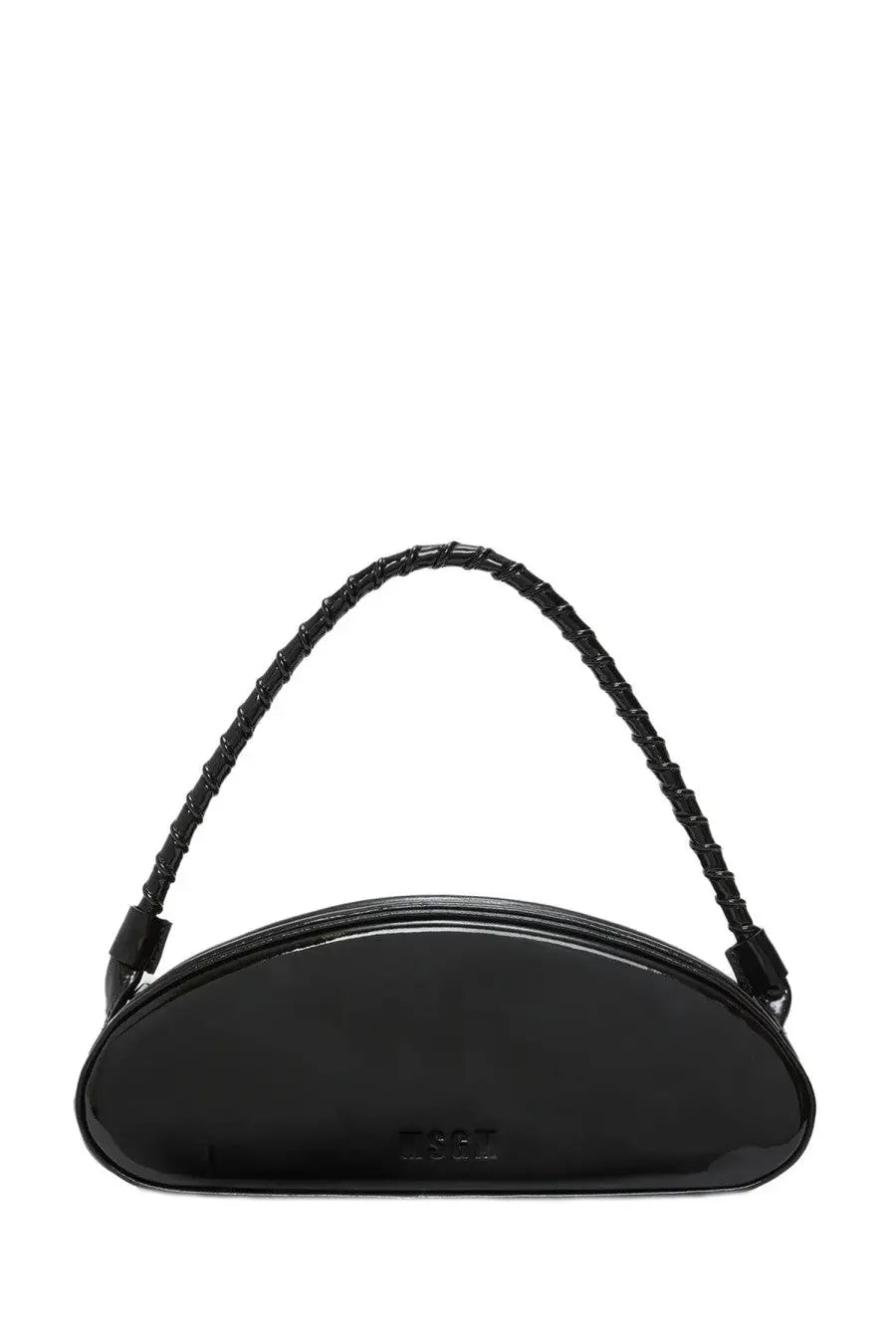Msgm women’s leather handbag in black glossy patent leather with braided strap and subtle embossed logo
