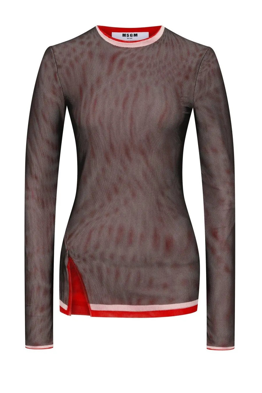 Msgm women’s long sleeved gray mesh top with red and white trim for stylish casual wear