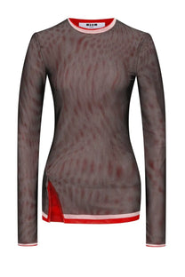 Msgm women’s long sleeved gray mesh top with red and white trim for stylish casual wear