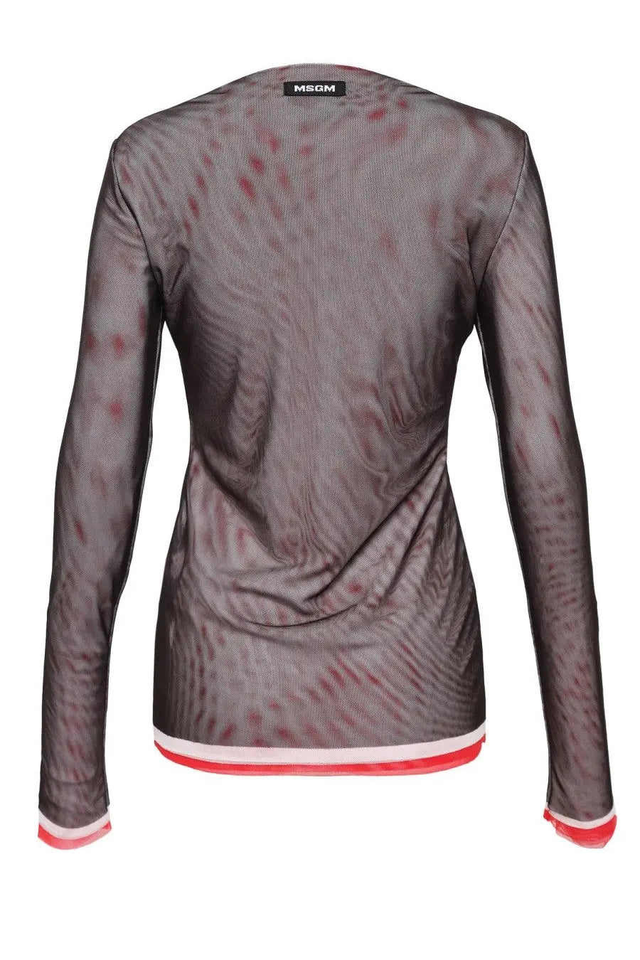 Msgm women’s long sleeved sheer black top with red abstract pattern and white red trim at hem and cuffs with brand label