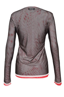 Msgm women’s long sleeved sheer black top with red abstract pattern and white red trim at hem and cuffs with brand label