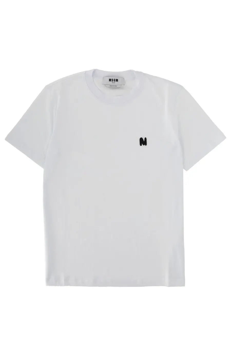 Msgh women’s white short-sleeved t-shirt with small black embroidered m logo and mschf label inside collar