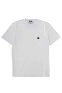 Msgh women’s white short-sleeved t-shirt with small black embroidered m logo and mschf label inside collar