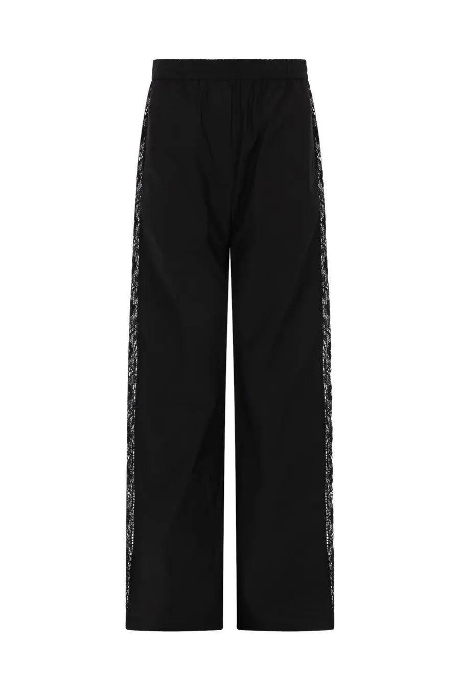 Black wide-leg MSGM womens trousers with shimmering silver sequin side stripes and lace detailing