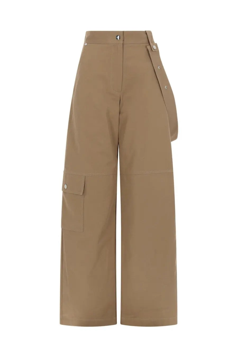 Msgm women’s pantalone dritto in cotone beige tan wide-leg cargo pants with high waist buttoned side strap and flap pockets