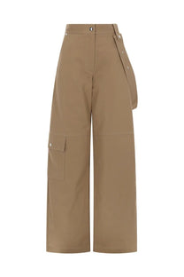 Msgm women’s pantalone dritto in cotone beige tan wide-leg cargo pants with high waist buttoned side strap and flap pockets