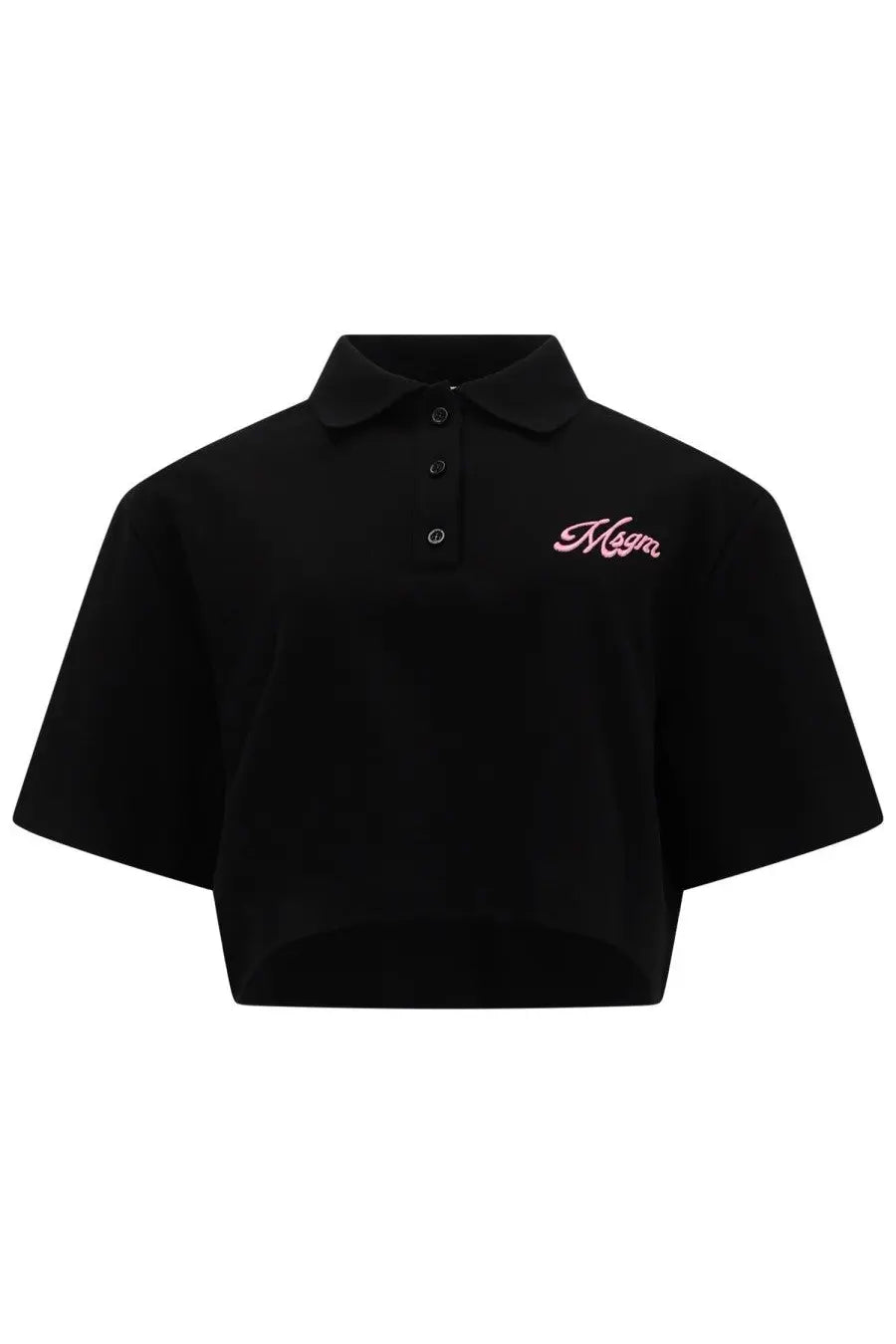 Msgm women’s black cropped polo shirt with pink magma embroidery on the left chest for casual wear