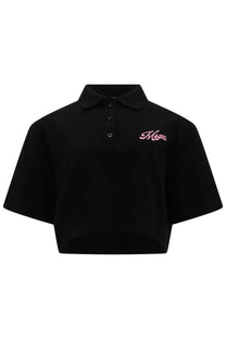 Msgm women’s black cropped polo shirt with pink magma embroidery on the left chest for casual wear
