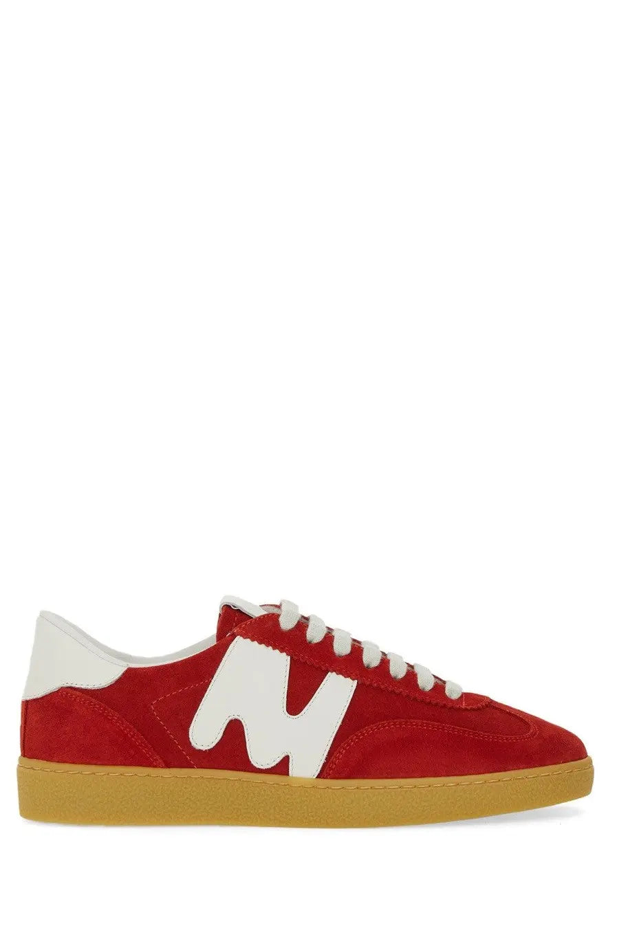 Msgm women’s retro sneaker red in red suede with bold white abstract logo and tan rubber sole