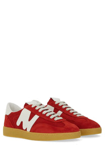 Msgm women’s retro sneaker red suede with bold white n logo tan rubber soles and matching laces