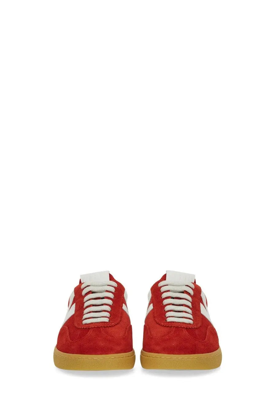 Msgm women’s retro sneaker red featuring red suede with white laces and side stripes and tan rubber sole